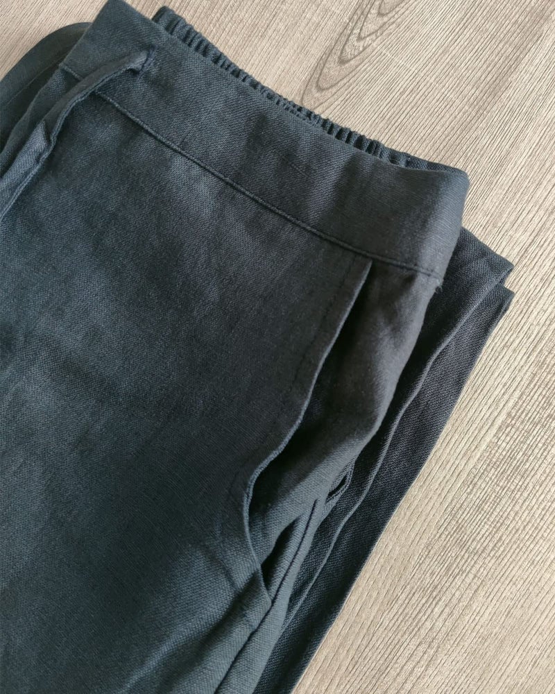 IXIMO Women's Tapered Pants 100% Linen Drawstring Back Elastic Waist Pants Trousers with Pockets Gray Blue M - Image 5